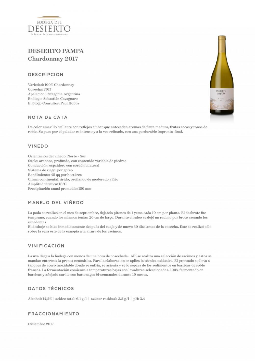 ​Bodega del Desierto presenta la nueva añada de su vino DESIERTO PAMPA Chardonnay 2017