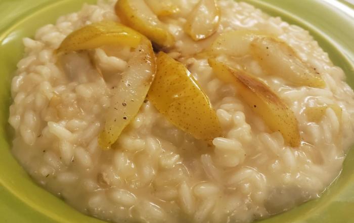 Risotto de Peras con queso Brie y Lagarde Guarda Chardonnay 2018