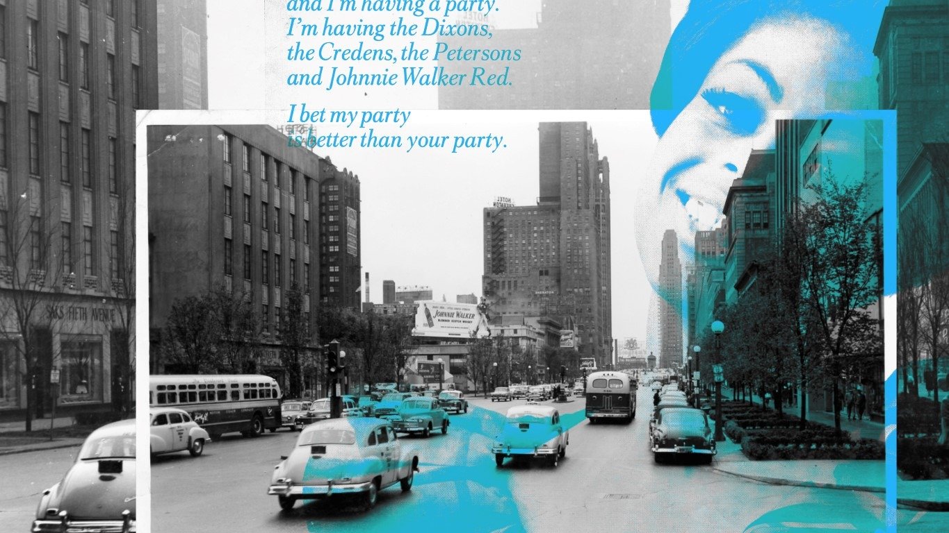 Vintage Johnnie Walker advertisement and billboard in 1950s Chicago