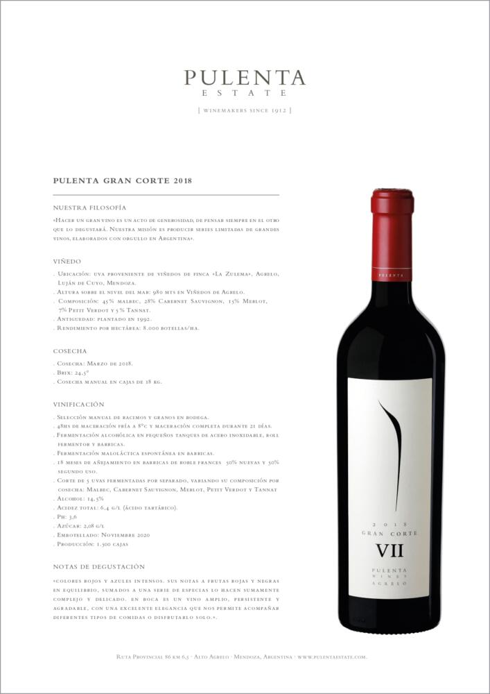 Pulenta Gran Corte 2018, fue elegido como uno de los mejores Bordeaux Blend de la Argentina por el reconocido periodista Tim Atkin